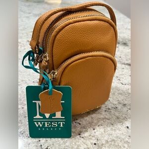 Montana West Tan Mini Leather Crossbody Backpack Bag with Gold Accents "NWT"